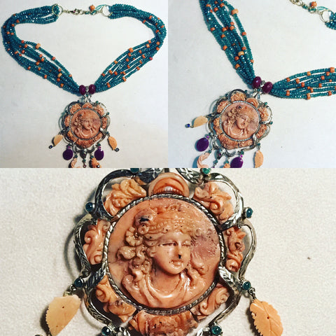 Necklace " Portrait of Coral with Green Jade "
