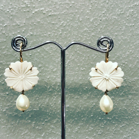 Pendant Earrings with Cameo " Circular Flowers and Pearls"