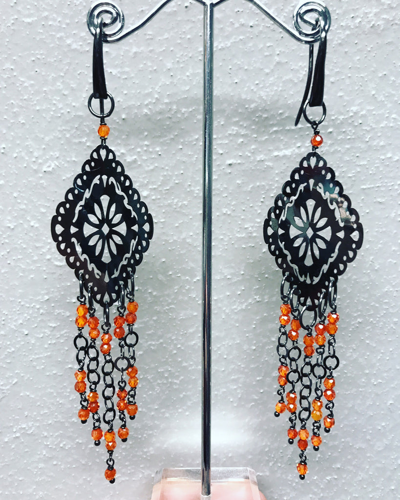 Pendant Earrings in Silver 925 " Black and Orange Rhombus "