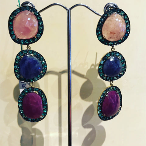 Pendant Earrings with Quartz and Multi Colour Sapphires