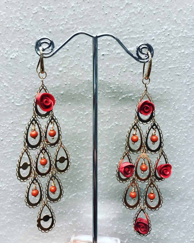 Pendant Earrings in Silver 925 : " Roses of Coral "