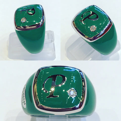 Pinky Ring in Green Polish with Diamond and Letter